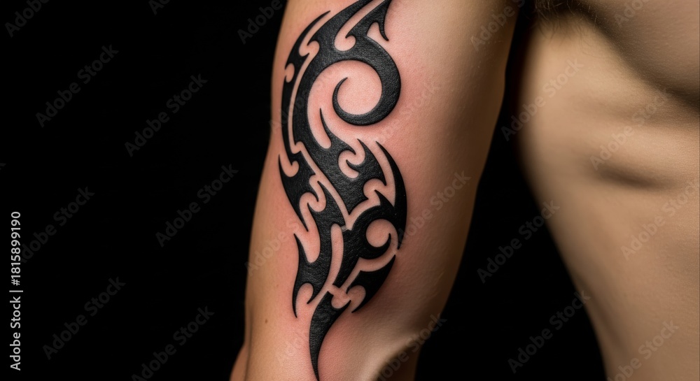 Naklejka premium Close-up of a person's arm featuring a striking black tribal tattoo design against a dark background.