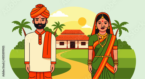 Flat vector illustration of Maharashtra men and women, wearing traditional attire, standing in front of a rural house, depicting cultural values, Indian village life in modern cartoon art style.