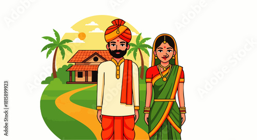 Flat vector illustration of Maharashtra men and women, wearing traditional attire, standing in front of a rural house, depicting cultural values, Indian village life in modern cartoon art style.