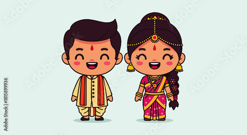 Flat vector illustration of a cute Indian couple side by side in traditional Indian attire, a cartoon character of a bride and groom. Perfect for wedding invitations.