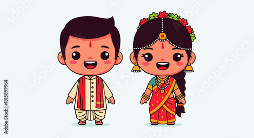 Flat vector illustration of a cute Indian couple side by side in traditional Indian attire, a cartoon character of a bride and groom. Perfect for wedding invitations.