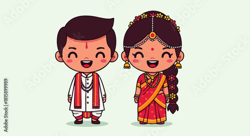 Flat vector illustration of a cute Indian couple side by side in traditional Indian attire, a cartoon character of a bride and groom. Perfect for wedding invitations.