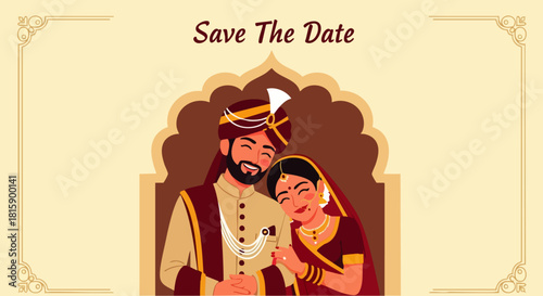 Flat vector illustration of modern Indian wedding invitation with traditional bridal couple.