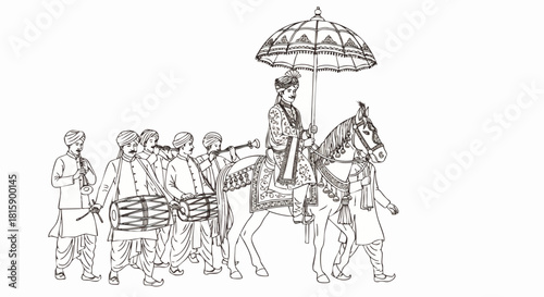 Flat Vector line illustration of Indian couple wedding and wedding procession, music players on their way to the wedding ceremony, reflecting tradition, culture and pride.