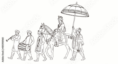 Flat Vector line illustration of Indian couple wedding and wedding procession, music players on their way to the wedding ceremony, reflecting tradition, culture and pride.