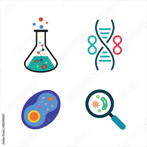 A set of four essential biotechnology and life science vector icons. This collection includes symbols for genetics, chemistry, microbiology, and cellular biology research
