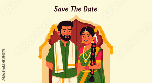 Flat vector illustration of modern Indian wedding invitation with traditional bridal couple.