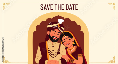Flat vector illustration of modern Indian wedding invitation with traditional bridal couple.