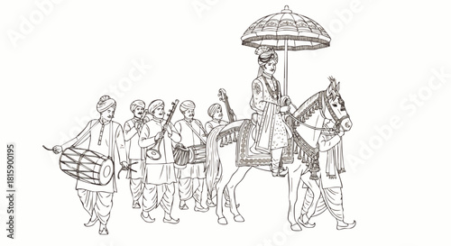 Flat Vector line illustration of Indian couple wedding and wedding procession, music players on their way to the wedding ceremony, reflecting tradition, culture and pride.