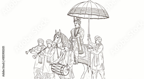 Flat Vector line illustration of Indian couple wedding and wedding procession, music players on their way to the wedding ceremony, reflecting tradition, culture and pride.