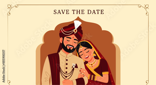 Flat vector illustration of modern Indian wedding invitation with traditional bridal couple.