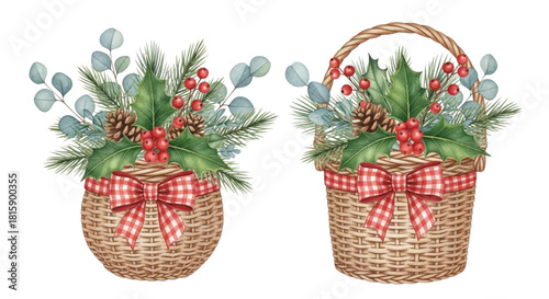 Watercolor Christmas Baskets with Holly Leaves, Pinecones, Eucalyptus and Red Berries Clipart Set