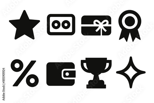 Loyalty Icons Set. Loyalty Program Rewards silhouette icon set: reward star, points balance, gift card, ribbon badge, discount symbol, wallet icon, golden trophy, sparkle