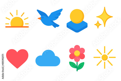 Bright Icon Set. Bright Perspective flat icon set: sunrise horizon, flying bird, clear sky, sparkle, heart, cloud, flower, beam