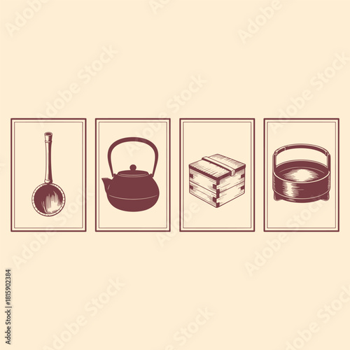 Four vintage illustrations of kitchenware and food items in maroon outline on cream background vector