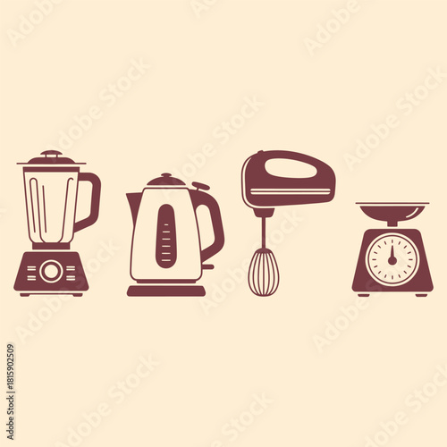 Dark red kitchen appliances blender electric kettle hand mixer and scale on beige background kitchen scale