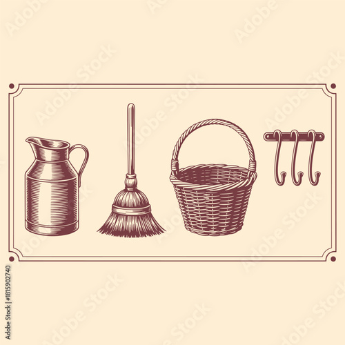 Vintage kitchenware jug broom basket and hooks illustration pitcher milk jug