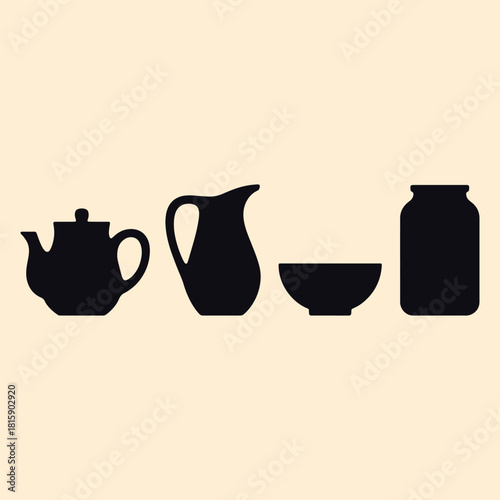 Dark silhouettes of teapot pitcher bowl and jar on cream background kitchenware