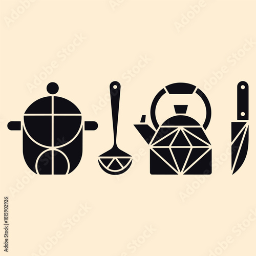 Black kitchen utensils pot ladle kettle knife geometric shapes on beige background kitchenware cooking