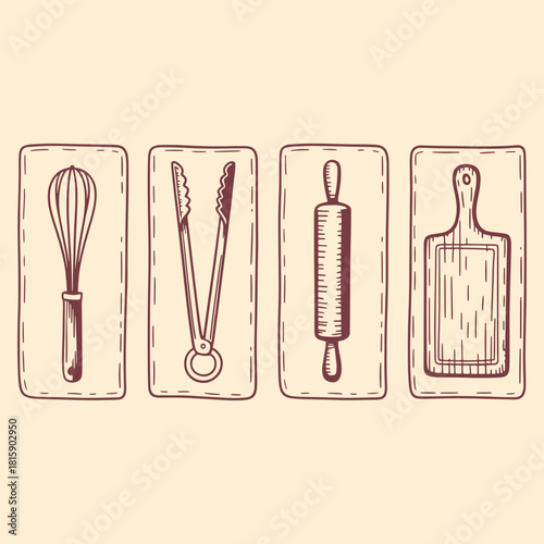 Four kitchen utensil icons in maroon outline on cream background whisk tongs