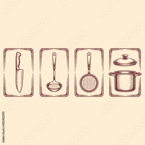 Vintage kitchen utensils including a knife ladle colander and pot with lid kitchenware cooking