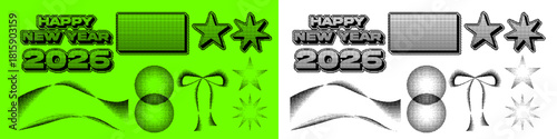 Pixel Dither Gradient Style - Happy New Year 2026 Elements Set with Bold Text, Flowing Wave, Ribbon, Stars and More