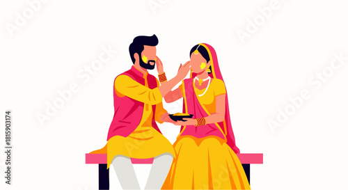 Flat vector illustration of Indian Wedding Bride and Groom sitting together in Haldi Ceremony, symbolizing heritage, culture and traditions of marriage.