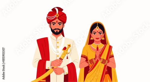 Flat vector illustration of Indian bridal couple in traditional costumes, Traditional Wedding Theme, suitable for Hindu Wedding celebration and ceremony culture poster