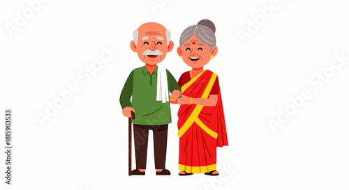 Flat vector illustration of an elderly Indian couple standing together. An elderly Indian woman in a sari holding her husband's arm. An elderly man with a walking stick. Longevity of marriage.