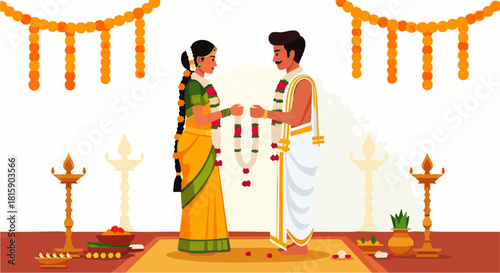 Flat vector illustration of a vibrant South Indian wedding ceremony, traditional flower garlands and auspicious decorations, depicting love, happiness, culture, traditional
