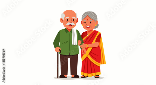 Flat vector illustration of an elderly Indian couple standing together. An elderly Indian woman in a sari holding her husband's arm. An elderly man with a walking stick. Longevity of marriage.