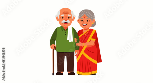 Flat vector illustration of an elderly Indian couple standing together. An elderly Indian woman in a sari holding her husband's arm. An elderly man with a walking stick. Longevity of marriage.