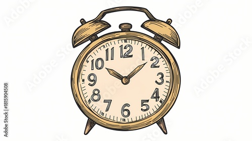 Hand drawn illustration depicts a classic twin bell alarm clock displaying an approximate time of ten minutes past ten