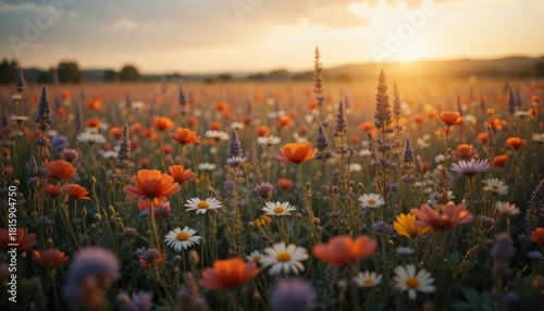 Fototapeta Naklejka Na Ścianę i Meble -  Scenic wildflower meadow at sunset, vibrant blooms under the golden light evoking peace