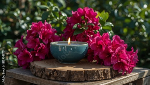 Colorful Flowers Surround a Lit Candle on a Wooden Platform in a Garden Setti...