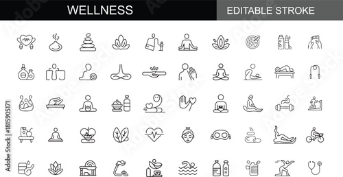 Wellness, Health, and Spa Activities Minimalist Line Icons Set with Editable Stroke: Featuring Meditation, Yoga, Massage, Balance, and Healthy Lifestyle Symbols