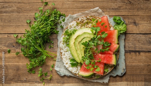 Fresh Vegetable and Rice Dish on a Rustic Wooden Table With Herbs and Natural...