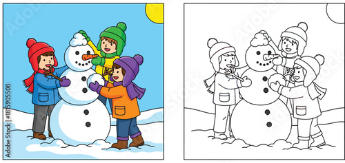 Happy kids building a snowman together cute cartoon winter activity colored and outline vector illustration for children coloring book and holiday design.