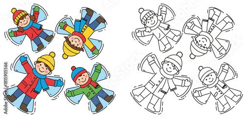 Happy kids making snow angels cute cartoon winter activity colored and outline vector illustration for children coloring book and holiday design.