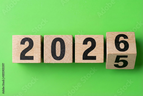 2026 New Year date text on wooden blocks close up