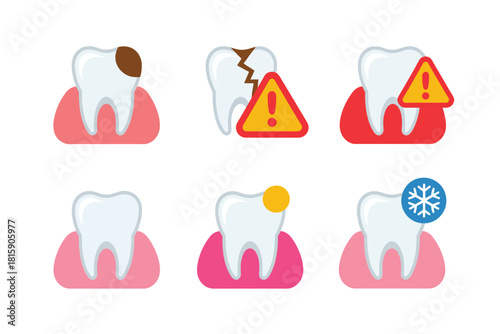 Dental defect symbols, decay patch, triangle warnings, plaque stain, healthy tooth example, cold sensitivity dot, gum base vector