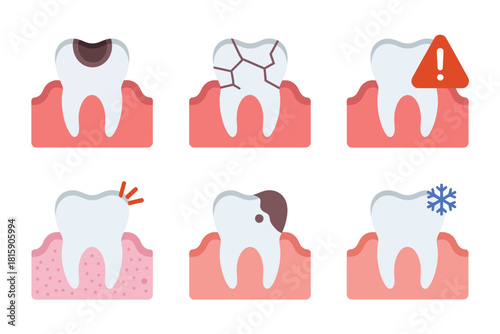 Oral health issues set, stain, fracture lines, tartar buildup, inflamed gums, aching tooth, cold sensitivity, dental care vector