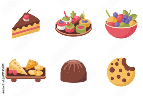 Party treats icons, chocolate cake slice, cheese platter bites, truffle candy, cookie with chips, fruit bowl, vector illustration