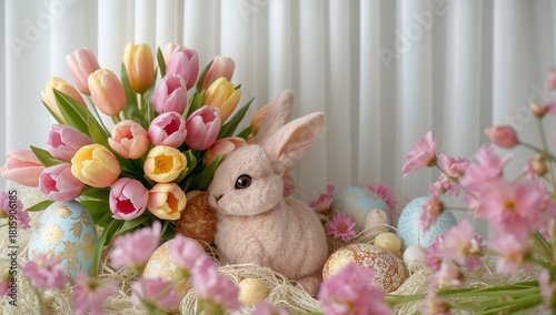Bunny Surrounded by Colorful Easter Eggs and Fresh Tulips in a Bright, Cozy S...