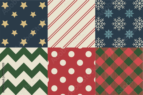Seasonal pattern sampler, snowflake night, cream diagonal stripe, green chevron, red polka dots, country plaid, holiday scrapbook vector