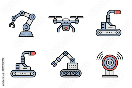 Industrial automation icons collection, conveyor belt with manipulator arms, flying drone, tracked platform, wireless camera, modern vector