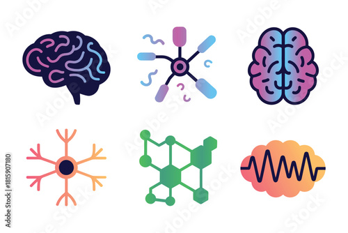 Brain health icons collection, creative mind variants, neural connections, neuron cell, molecular structure, cognitive science theme, educational vector