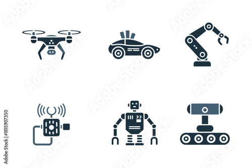Autonomous technology icons, quadcopter drone, driverless car, industrial robotic arm, wireless controller, track robot, automation systems