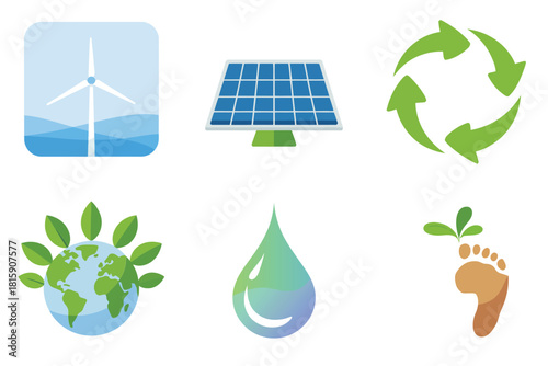 Green energy symbols, offshore wind turbine, solar panel, recycle arrows, leafy globe, water droplet, ecological footprint, eco vector