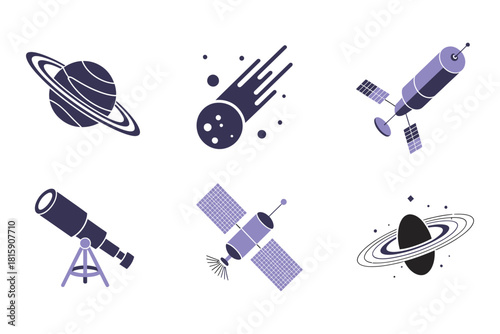 Space exploration icons, ringed planet, falling meteor, research satellite, rocket ship, orbit swirl, astronomical telescope, science vector